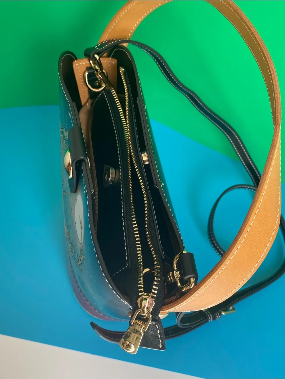 Leather Hand Tooled Hand-Painted Deer Bucket Shoulder Bag in Teal & Burgundy NWT